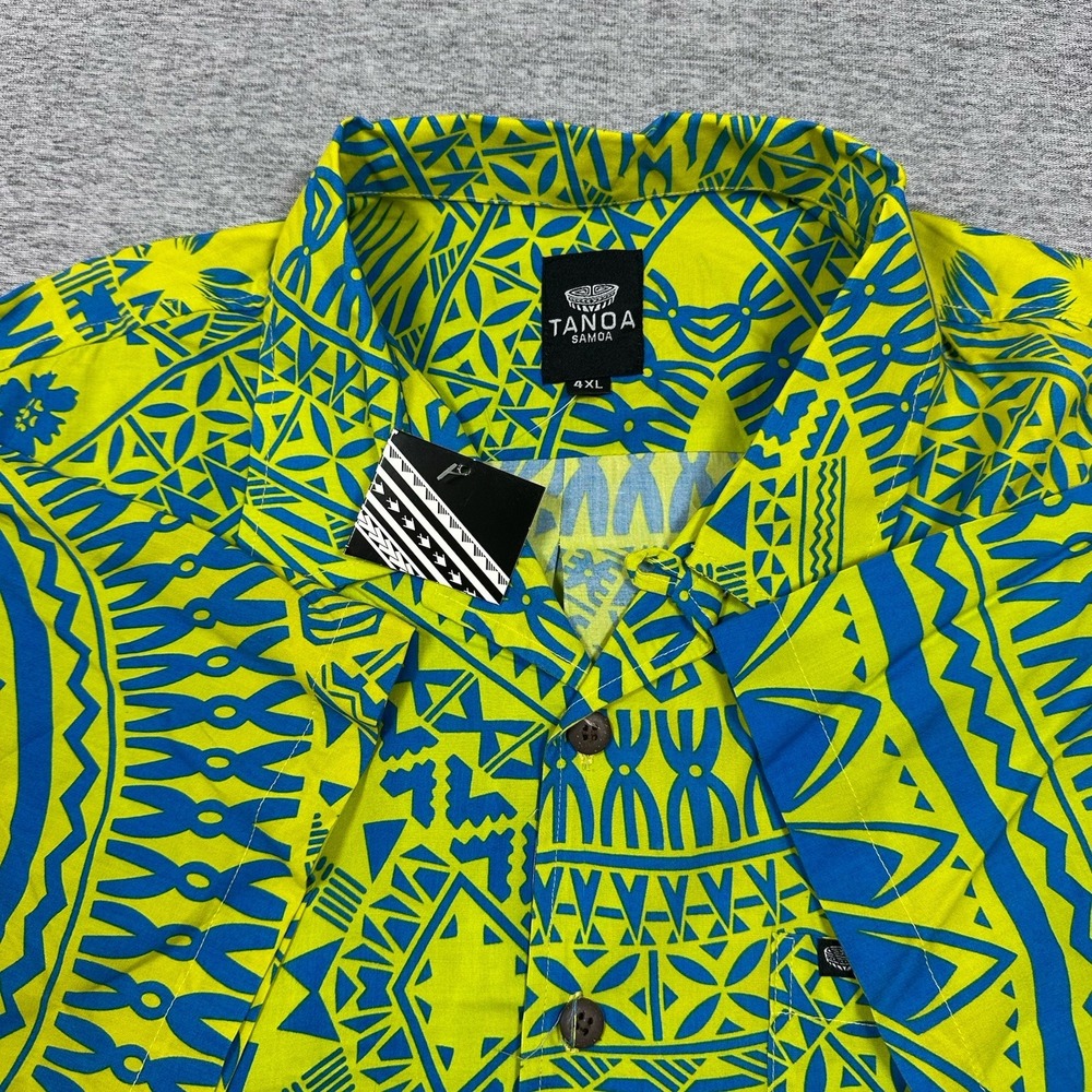 Tanoa Samoa Shirt Mens 4XL Blue Green Rayon Tribal Loop Collar Tropical NEW